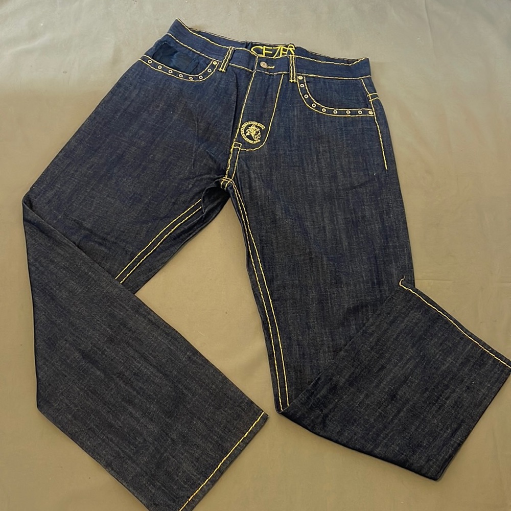 CEZER Metalic Gold color Stitched Embroidered top to bottom Mens JEANS  Size 38”